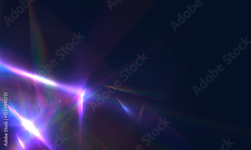 Rainbow and prismatic refraction of bright light reflections. Holographic reflections on a dark background.