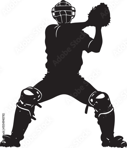 A catcher standing, throwing the ball to second base to catch a stealing runner, full-length silhouette vector.
