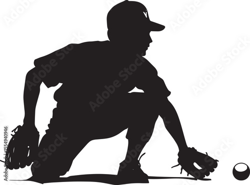 A fielder in a low crouch, glove outstretched, ready to field a ground ball, full-body silhouette vector.