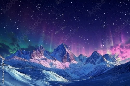 Colorful lights shine in night sky. Snowy mountains glow under stars.