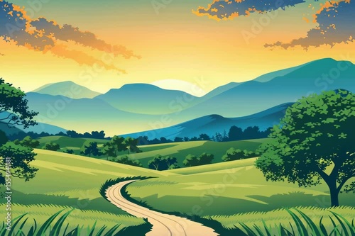 Curved road leads through green fields. Sun sets behind soft mountains.