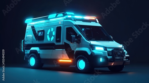 Futuristic ambulance in vibrant neon light