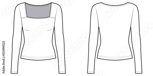Slim Fit Square Neck Long Sleeve Shirt- Front and Back View- Flat Vector Illustration- CAD Mock-up 