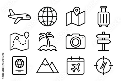 Travel and adventure icons collection featuring maps, luggage, and tropical getaway, vector illustration