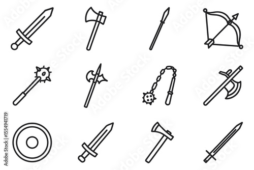 Medieval weapons collection featuring sword, axe, bow, and shield, vector illustration