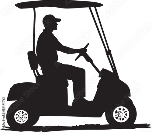 A golfer cruising in a golf cart, heading to the next hole in black vector silhouette.
