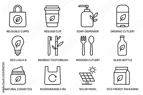 Eco-friendly icons featuring reusable containers, organic cutlery, and sustainable products, vector illustration