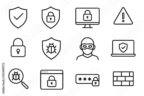 Cybersecurity icons collection featuring locks, antivirus, and firewall symbols, vector illustration