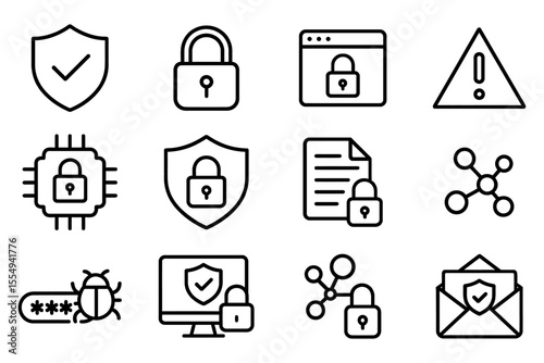 Cybersecurity and data protection icon set, vector illustration