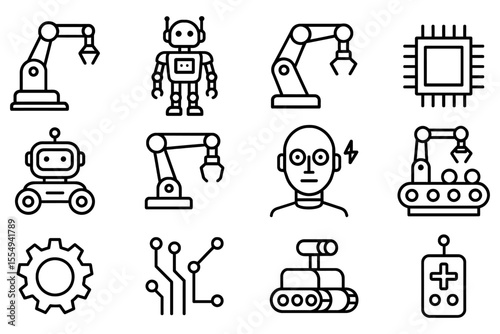 Robotics and automation icons featuring robots, machinery, and microchip elements, vector illustration