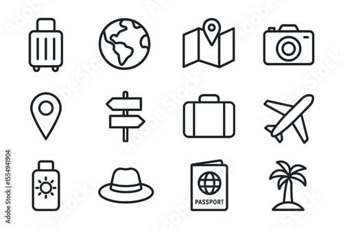 Essential travel icons featuring world map camera suitcase airplane and more, vector illustration