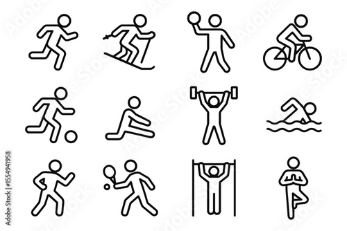 Diverse sports activities in line art style, vector illustration