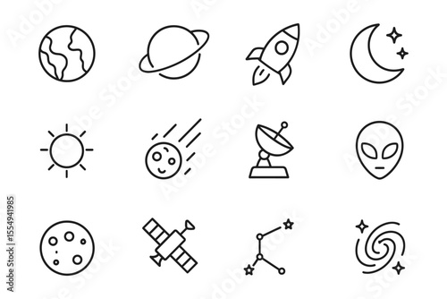 Space exploration icons featuring planets, rocket, moon, alien, and more, vector illustration
