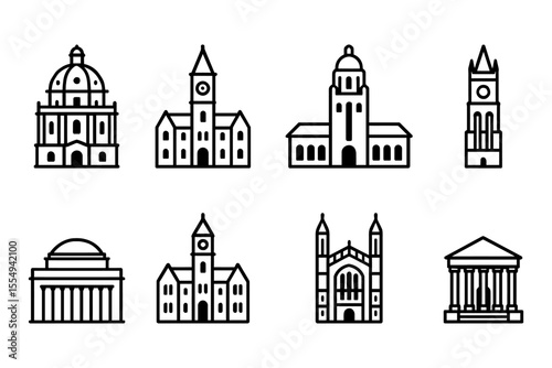 Iconic historical architecture symbols featuring cathedrals and temples, vector illustration