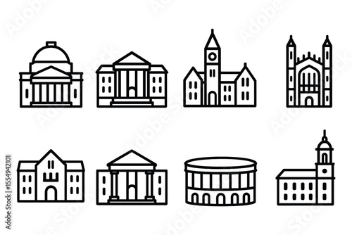 Iconic architectural landmarks line art collection, vector illustration
