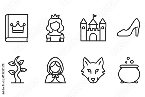 Fairytale elements collection with princess and castle, vector illustration