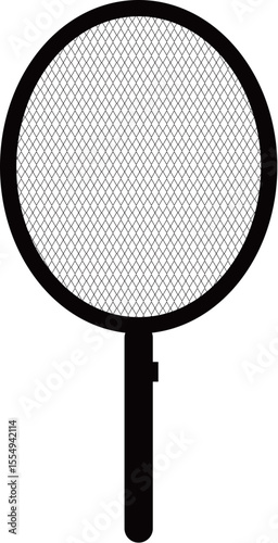 A black outlined icon of an electric fly swatter, featuring a handle and an oval-shaped mesh head.