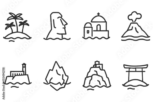 Minimalist icon set featuring world landmarks and natural wonders, vector illustration