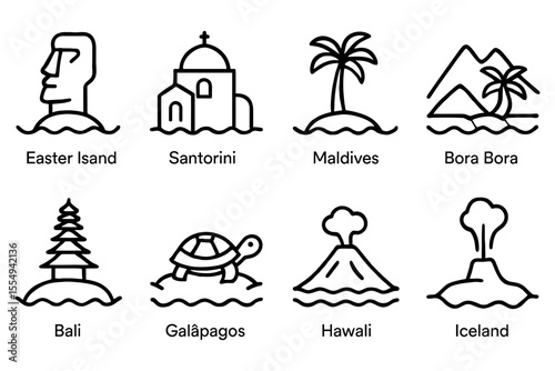 Iconic travel destinations minimalist line art featuring easter island santorini and more, vector illustration