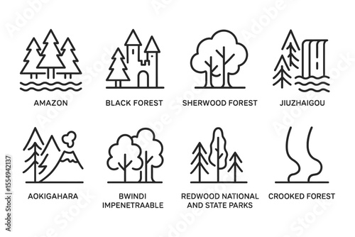 Iconic forest landscapes and famous national parks line art collection, vector illustration
