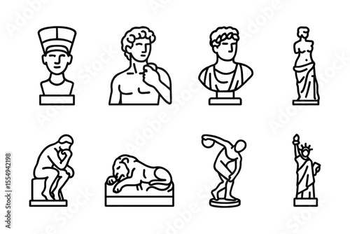 Classic sculpture icons featuring nefertiti, david, venus, and more in outline style, vector illustration