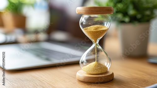 Wooden hourglass with golden sand on office desk