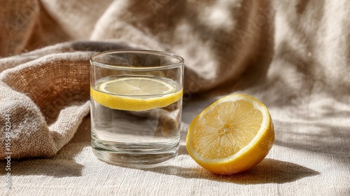 Refreshing lemon water in glass with halved lemon on burlap background