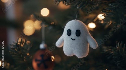 Festive ghost ornament on a Christmas tree