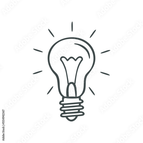 Electric lamp bulb, outline black marker ink contour, doodle sketch hand drawn blob stroke line. Isolated element, white background, new idea symbol, graphic web design. Cute vector illustration