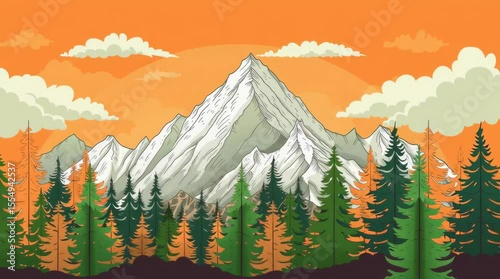 Snowy mountains stand behind forest. Sky is orange with clouds.