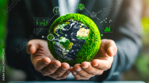 A businessman holding an Earth globe with green moss and carbon capture icons floating above it, surrounded by virtual graphs concept of net-zero greenhouse emissions.