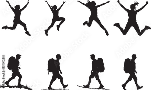 Collection of Jumping and walking Silhouette A person in mid-motion, arms and legs spread wide as they perform jumping jacks. full length silhouette black vector illustration