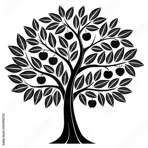 Silhouette of an apple tree with fruit and leaves in a vector illustration on white background