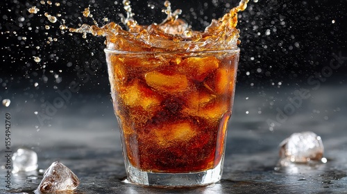 Refreshing glass of cola with ice cubes and splash effect
