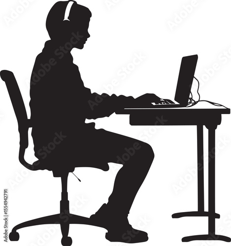 A student participating in an online class, focused with headphones on.