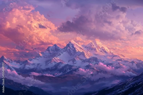 Snowy mountains glow at sunset. Pink clouds fill the sky.