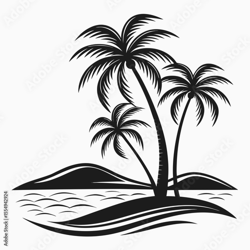 Island paradise scene featuring palm trees waves birds and sunlight in a circular frame
