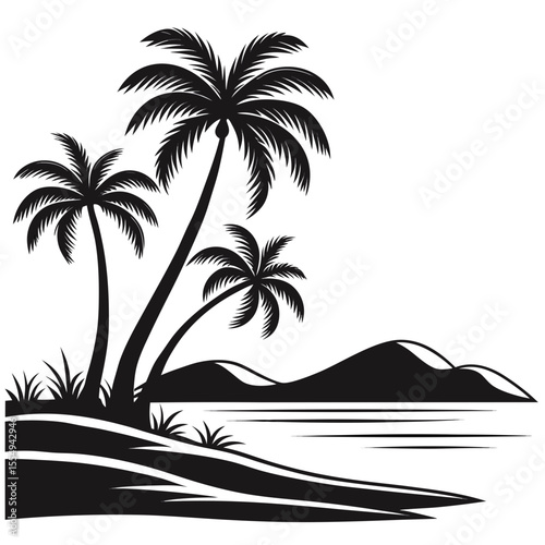 Island paradise scene featuring palm trees waves birds and sunlight in a circular frame