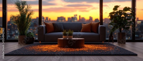 Fototapeta Naklejka Na Ścianę i Meble -  Bright modern living room interior with large overlooking cityscape at sunset with cozy sofa and plants