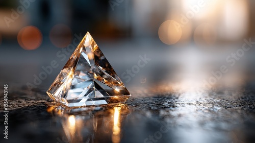 Luminous glass pyramid on reflective surface in abstract environment
