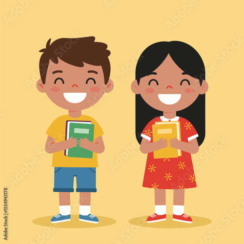 Happy Diverse Children Holding Books, Back to School Illustration