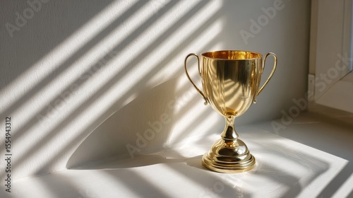 Golden trophy on sunlit window sill with shadow patterns