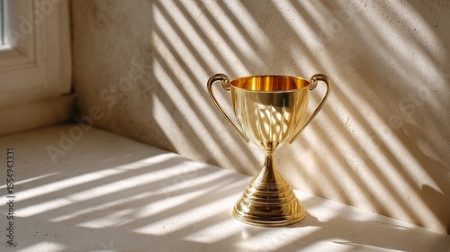 Golden trophy in sunlit room with shadow patterns on a white surface