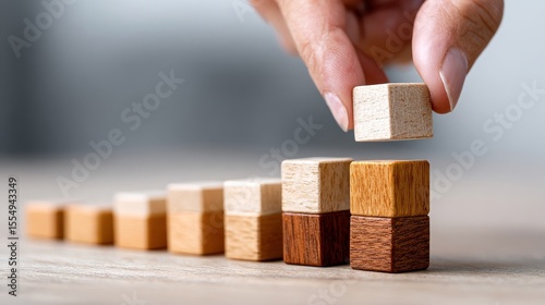 Hand stacking wooden blocks in gradient shades of wood brown on table surface
