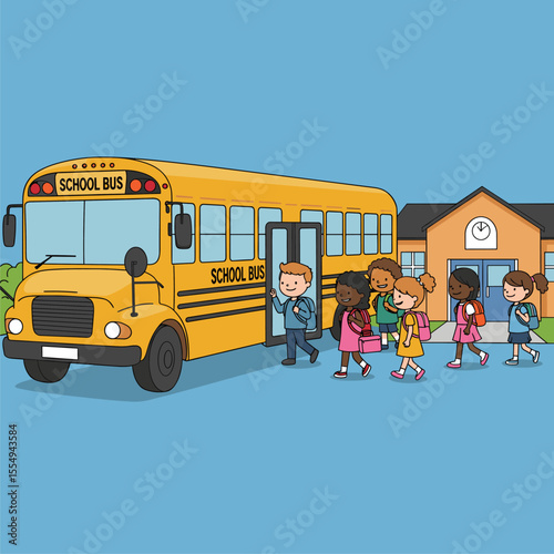 Happy Children Boarding a School Bus on a Sunny Day