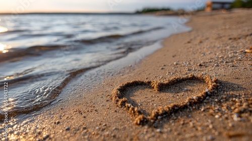 Heart shape in sand by tranquil beach waves at sunrise