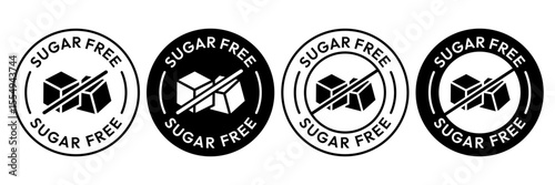 Sugar free icons. Zero sugar label. Set allergen free icons. Allergen free products. Sugar free logo, label, badge, sticker, symbol, emblem, black, circle, line, vector, isolated illustration.