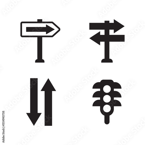 minimalist black and white road direction icons with traffic light, clean symbols for navigation and signage