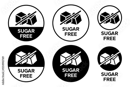 Sugar free icons. Zero sugar label. Set allergen free icons. Allergen free products. Sugar free logo, label, badge, sticker, symbol, emblem, black, circle, line, vector, isolated illustration.