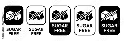 Sugar free icons. Zero sugar label. Set allergen free icons. Allergen free products. Sugar free logo, label, badge, sticker, symbol, emblem, black, circle, line, vector, isolated illustration.